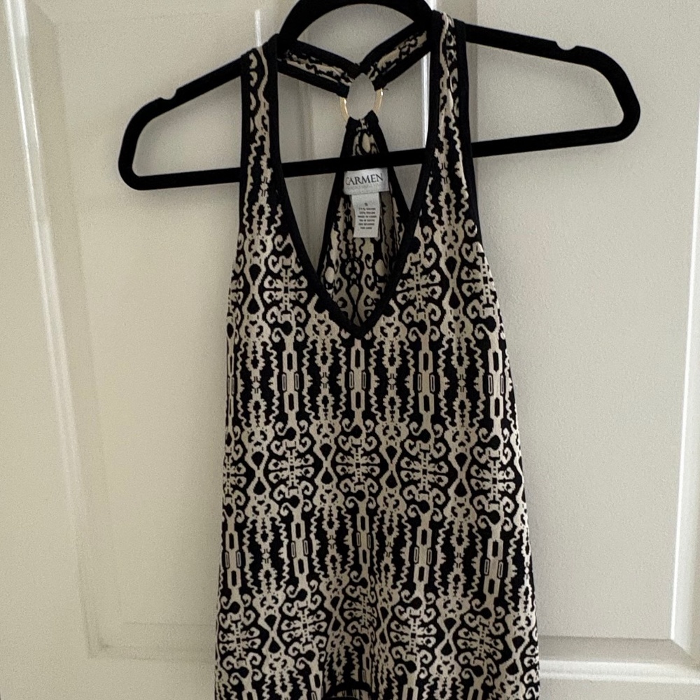 Black & Beige Printed Halter Tank Top w/ Gold Ring Detail – Size S